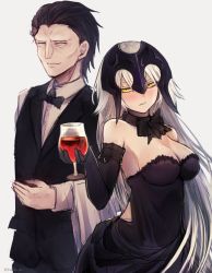 Rule 34 | 1boy, 1girl, alcohol, bad id, bad twitter id, bare shoulders, black dress, black gloves, black hair, black legwear, blonde hair, blush, bow, bowtie, breasts, choker, cleavage, cup, dress, drinking glass, drunk, elbow gloves, closed eyes, fate/apocrypha, fate/grand order, fate (series), gilles de rais, gilles de rais (caster) (fate), gloves, half-closed eyes, headpiece, helmet, highres, holding, holding cup, jeanne d&#039;arc (fate), jeanne d&#039;arc (ruler) (fate), jeanne d&#039;arc alter (fate), jeanne d&#039;arc alter (holy night supper) (fate), large breasts, long hair, long sleeves, looking at viewer, official alternate costume, parted lips, short hair, simple background, sleeveless, sleeveless dress, smile, twitter username, upper body, very long hair, vest, white background, wine, wine glass, wing collar, yellow eyes, yukihama
