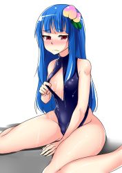 Rule 34 | 1girl, bad id, bad twitter id, blue hair, blush, breasts, cleavage cutout, clothes lift, clothing cutout, competition swimsuit, food, front zipper swimsuit, fruit, highres, hinanawi tenshi, hitotsuki nebura, long hair, looking at viewer, meme attire, no headwear, one-piece swimsuit, peach, red eyes, simple background, sitting, small breasts, solo, sweat, swimsuit, swimsuit lift, tears, touhou, white background
