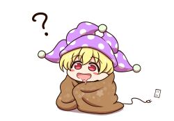 Rule 34 | 1girl, ?, blonde hair, chibi, clownpiece, drooling, electric plug, fairy, hat, highres, jester cap, open mouth, polka dot, polka dot headwear, red eyes, shitacemayo, simple background, solo, touhou, white background