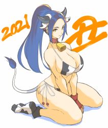 Rule 34 | 1girl, 2021, alternate hair color, animal ears, animal print, bell, neck bell, bikini, blue hair, breasts, chinese zodiac, cleavage, collar, cow ears, cow horns, cow print, cow tail, fatal fury, female focus, highres, horns, kneeling, large breasts, long hair, ponytail, shiranui mai, skindentation, solo, swimsuit, tail, year of the ox, yellow eyes