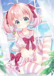 Rule 34 | 1girl, ahoge, blue eyes, bow, braid, crop top, fukaya rin, hair between eyes, hair ornament, hairclip, highres, looking at viewer, navel, original, pink hair, pink sailor collar, red bow, sailor collar, solo, striped clothes, striped thighhighs, thighhighs, twintails, window