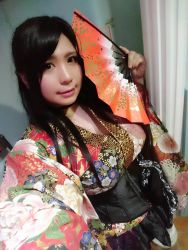 Rule 34 | 1girl, asian, black hair, chouzuki maryou, highres, japanese clothes, kimono, lipstick, makeup, photo (medium), plump, solo