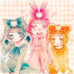 Rule 34 | 1girl, 2boys, :&lt;, :d, animal costume, blue hair, blush, bow, brother and sister, checkered background, dokidoki! precure, closed eyes, hands on own cheeks, hands on own face, highres, multiple boys, open mouth, orange hair, personification, pink bow, pink hair, precure, rakeru (dokidoki! precure), rakeru (dokidoki! precure) (human), rance (dokidoki! precure), rance (dokidoki! precure) (human), sharuru (dokidoki! precure), sharuru (dokidoki! precure) (human), siblings, sitting, smile, yuucho (cololal)