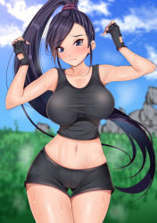 Rule 34 | 1girl, arms up, bare shoulders, black gloves, black shorts, blush, breasts, cameltoe, cowboy shot, curvy, day, dragon quest, dragon quest xi, eyes visible through hair, fingerless gloves, gloves, high ponytail, highres, kippuru, large breasts, long hair, martina (dq11), midriff, navel, nose blush, outdoors, ponytail, purple eyes, purple hair, short shorts, shorts, sky, solo, steam, sweat, sweatdrop, swept bangs, tank top, thigh gap, very long hair, worried