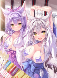 Rule 34 | 2girls, animal ear fluff, animal ears, arm up, blue hakama, breasts, closed mouth, collarbone, commentary request, fox ears, fox girl, fox tail, hair between eyes, hakama, highres, japanese clothes, large breasts, long hair, looking at viewer, multiple girls, open mouth, original, pasties, pink hakama, smile, sweat, tail, tateha (marvelous grace), white background, white hair, yellow eyes