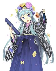 Rule 34 | 1girl, arms up, blue skirt, blush, character request, copyright request, flower, grey hair, hair flower, hair ornament, hair tubes, hairband, hakama, hakama skirt, head tilt, highres, japanese clothes, long hair, long sleeves, looking at viewer, open mouth, purple eyes, simple background, skirt, sleeves past wrists, smile, solo, takenashi eri, very long hair, white background