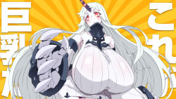 Rule 34 | 1girl, abyssal ship, armor, armored dress, armpits, bags under eyes, bare shoulders, breasts, claws, closed mouth, collar, cowboy shot, detached sleeves, dress, frown, gauntlets, gigantic breasts, glowing, glowing eyes, halterneck, halterneck, highres, horn, horns, impossible clothes, kantai collection, leaning forward, long hair, looking at hand, looking down, oni horns, pale skin, panties, pantyshot, purple panties, sagging breasts, seaport princess, shirogane (cufsser), short dress, sideboob, sidelocks, single horn, solo, striped, striped background, sweatdrop, taut clothes, translated, underwear, very long hair, white dress, white hair, yellow background