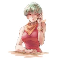 Rule 34 | 1girl, bare arms, bare shoulders, blue hair, bracelet, breasts, bulma, dragon ball, dragonball z, dress, earrings, closed eyes, hand in own hair, happy, jewelry, kerchief, mature female, red dress, short hair, simple background, smile, solo, solo focus, white background