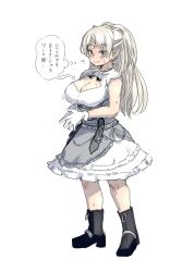 Rule 34 | 1girl, black footwear, boots, breasts, brown eyes, cleavage, conte di cavour (kancolle), dress, full body, gloves, grey hair, highres, kantai collection, large breasts, long hair, looking at viewer, oso (toolate), own hands together, short sleeves, simple background, solo, standing, sweat, translation request, white background, white dress, white gloves