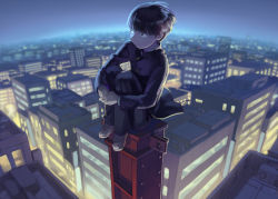 Rule 34 | 10s, 1boy, air conditioner, backlighting, black eyes, black hair, black pants, blunt bangs, bowl cut, building, buttons, city, cityscape, cross-laced footwear, from above, gakuran, hiko (scape), hugging own legs, kageyama shigeo, long sleeves, male focus, mob psycho 100, night, night sky, outdoors, own hands together, pants, rooftop, school uniform, shoes, sitting, sky, sneakers, solo, wind