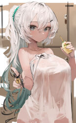 Rule 34 | 1girl, absurdres, bare shoulders, breasts, closed mouth, collarbone, commentary request, cropped, drink, eyes visible through hair, green eyes, hair between eyes, hair ornament, hairclip, highres, holding, holding drink, key, korean commentary, large breasts, locker, locker room, long hair, looking at viewer, naked towel, original, pointing, ponytail, sidelocks, solo, towel, very long hair, white hair, yonchan
