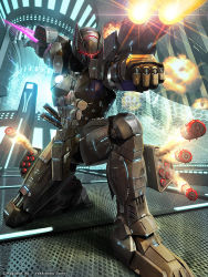 Rule 34 | 1boy, armor, energy blade, explosion, firing, glowing, gun, kneeling, male focus, missile, on one knee, original, outstretched arms, power armor, power suit, saito yoshinobu, science fiction, smoke, solo, turret, weapon