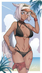 Rule 34 | 12 hnt, 1girl, animal ears, bare shoulders, beach, bikini, black bikini, blue eyes, body markings, bracelet, breasts, caenis (fate), caenis (swimsuit rider) (fate), caenis (swimsuit rider) (first ascension) (fate), cleavage, collarbone, dark-skinned female, dark skin, fate/grand order, fate (series), goggles, highres, jewelry, large breasts, long hair, looking at viewer, navel, solo, swimsuit, thigh strap, thighs, very long hair, white hair, wristband