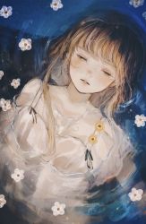 Rule 34 | 1girl, blunt bangs, closed eyes, daisy, dress, eyelashes, facing up, flower, highres, light brown hair, long hair, orie h, original, parted lips, partially submerged, short sleeves, solo, tears, water, wet, white dress, white flower