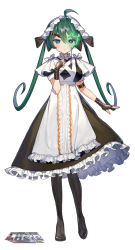 Rule 34 | 1girl, ahoge, ainy, blue eyes, chojo: crypto girls arena, commentary request, dress, fingerless gloves, full body, gloves, green hair, hair between eyes, highres, long hair, looking at viewer, maid, monocle, official art, short sleeves, simple background, solo, standing, twintails, white background