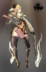 Rule 34 | 10s, 1girl, arched back, ass, beret, black thighhighs, blonde hair, boots, breasts, crosshair, detached sleeves, drill hair, dual wielding, fingerless gloves, from behind, gloves, gun, hat, high heels, highres, holding, jeffr, kyubey, looking back, magical girl, magical musket, mahou shoujo madoka magica, mahou shoujo madoka magica (anime), musket, panties, pantyshot, puffy sleeves, rifle, shoes, skindentation, skirt, thighhighs, thighs, thong, tomoe mami, twin drills, twintails, underwear, upskirt, weapon, yellow eyes