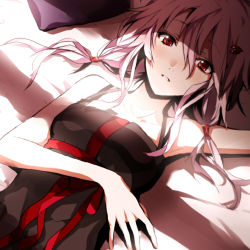 Rule 34 | 10s, 1girl, arisaka ako, armpits, bad id, bad pixiv id, bare shoulders, bed, black dress, blush, dress, guilty crown, hair ornament, hairclip, long hair, looking at viewer, low twintails, lowres, lying, on back, pillow, pink hair, red eyes, sleeveless, solo, twintails, yuzuriha inori