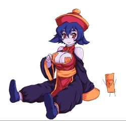 Rule 34 | 1girl, arm support, bad id, bad pixiv id, bare shoulders, blue hair, blush, blush stickers, breasts, capcom, cleavage, cleavage cutout, clothing cutout, colored skin, covered erect nipples, flipped hair, full body, hair between eyes, happy, hat, jiangshi, kara (color), large breasts, lei lei, no bra, oekaki, pasties, purple skin, qingdai guanmao, red eyes, sash, shoes, short hair, simple background, sitting, sleeves past wrists, smile, solo, turtleneck, undressing, vampire (game), white background, wide sleeves