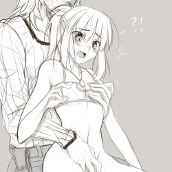 Rule 34 | !?, 1boy, 1girl, :o, ^^^, bare shoulders, belt, belt pouch, between legs, blush, bottomless, braid, breasts, camisole, cleavage, clothed sex, cowboy shot, crop top, faceless, faceless male, fate/apocrypha, fate (series), fingering, fingernails, flipped hair, french braid, grabbing, grabbing another&#039;s breast, grabbing from behind, greyscale, groping, hair between eyes, half updo, hand between legs, head out of frame, height difference, hetero, jewelry, long fingernails, looking down, monochrome, mordred (fate), mordred (fate/apocrypha), mordred (memories at trifas) (fate), navel, necklace, open mouth, ponytail, pouch, profile, pussy juice, reach-around, ribbed sweater, saliva, shishigou kairi, short hair, sidelocks, simple background, sketch, small breasts, strapless, surprised, sweat, sweater, tube top, tusia, underboob