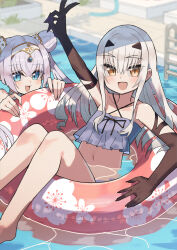 Rule 34 | 2girls, absurdres, bare shoulders, bikini, black gloves, blue eyes, blush, breasts, britomart (fate), collarbone, double bun, elbow gloves, fate/grand order, fate (series), forked eyebrows, gloves, grey hair, hair bun, hairband, highres, innertube, katsu (katsupainter), long hair, looking at viewer, melusine (fate), multiple girls, navel, open mouth, pointy ears, pool, sidelocks, small breasts, smile, swim ring, swimsuit, thighs, twintails, v, very long hair, water, white bikini, white hair, yellow eyes