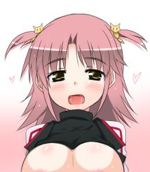 Rule 34 | 10s, 1girl, blush, breasts, cleavage, clothes lift, female focus, gradient background, heart, infinite stratos, large breasts, nohotoke honne, open mouth, pink hair, saliva, shirt lift, short twintails, solo, twintails, yellow eyes