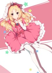 Rule 34 | 10s, 1girl, absurdres, arm up, blonde hair, blush, bow, bowtie, brooch, center frills, closed mouth, criss-cross halter, dragon xiuluo, dress, drill hair, eromanga sensei, frilled dress, frills, from above, hair bow, hairband, halterneck, hand up, heart, heart-shaped pupils, highres, jewelry, layered sleeves, lolita fashion, long hair, long sleeves, looking at viewer, lying, on back, pantyhose, parted bangs, pink dress, pink eyes, pointy ears, puffy short sleeves, puffy sleeves, red bow, red bowtie, red hairband, short over long sleeves, short sleeves, sidelocks, smile, solo, star (symbol), symbol-shaped pupils, twin drills, white pantyhose, yamada elf