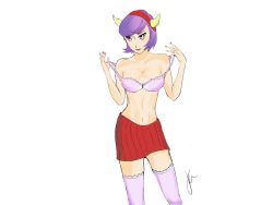 Rule 34 | 10s, 1girl, bra, breasts, cleavage, collarbone, courtney (pokemon), courtney (pokemon oras), cowboy shot, creatures (company), fake horns, game freak, hands up, highres, horns, jockanapes, lips, lipstick, looking to the side, makeup, miniskirt, nail polish, nintendo, pink bra, pink thighhighs, pleated skirt, pokemon, pokemon oras, purple eyes, purple hair, red skirt, short hair, simple background, skirt, solo, standing, team magma, thighhighs, underwear, undressing, white background