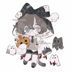 Rule 34 | 1girl, animal ears, asymmetrical sleeves, black footwear, black hood, black shorts, blood, blood stain, blue eyes, brown hair, brown vest, bucket, buttons, candy, cat, cat ears, cat girl, cat tail, chibi, coat, coattails, collared coat, collared shirt, colored eyelashes, commentary, ear covers, flower, food, ghost, glasses, grey socks, halloween, halloween bucket, hat, hat flower, holding, holding bucket, jack-o&#039;-lantern, lab coat, lollipop, long sleeves, lowres, memuro, mismatched sleeves, multicolored hair, name tag, open clothes, open coat, original, patch, rose, round eyewear, shirt, shoes, short hair, shorts, simple background, sleeves past fingers, sleeves past wrists, socks, solo, streaked hair, sweater vest, symbol-only commentary, tail, torn clothes, torn coat, twitter username, two-sided hood, two-tone hair, vest, white background, white coat, white flower, white hair, white hood, white rose, white shirt