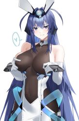 Rule 34 | 1girl, absurdres, animal ears, azur lane, bare shoulders, blue hair, breasts, covered navel, fake animal ears, hair intakes, highres, large breasts, long hair, looking at viewer, lowered eyelids, new jersey (azur lane), official alternate costume, rabbit ears, raitho, smile, solo, upper body, very long hair, white background