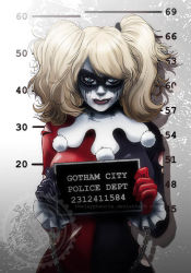 Rule 34 | 1girl, batman (series), blonde hair, blue eyes, bodysuit, chain, cowboy shot, cuffs, dc comics, domino mask, female focus, frills, gloves, handcuffs, harley quinn, height chart, holding, holding sign, jay phenrix, lipstick, looking at viewer, makeup, mask, mugshot, ruff, sign, smug, solo, tears, torn clothes, twintails, watermark, web address, wrist ruff