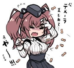 Rule 34 | 1girl, anger vein, atlanta (kancolle), black hat, black skirt, brown hair, buttons, closed eyes, commentary request, earrings, flying sweatdrops, garrison cap, gloves, hat, high-waist skirt, jewelry, kantai collection, long hair, long sleeves, lowres, open mouth, partially fingerless gloves, peanut, pleated skirt, shirt, simple background, single earring, skirt, solo, star (symbol), star earrings, terrajin, two side up, white background, white gloves, white shirt
