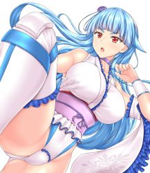 Rule 34 | 1girl, aqua hair, blue hair, boots, breasts, collarbone, detached sleeves, flower, gluteal fold, hair flower, hair ornament, hairband, hiballista, highres, japanese clothes, kimono, large breasts, leotard, long hair, long sleeves, looking at viewer, obi, open mouth, red eyes, ring dream, rose, sash, simple background, solo, standing, standing on one leg, text focus, thigh boots, thighhighs, white background, wrestling outfit, yuki onna (ring dream)