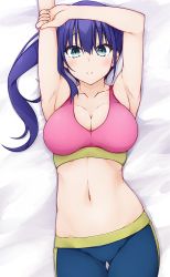 Rule 34 | 1girl, armpits, arms up, blue eyes, blush, breasts, cleavage, engage kiss, hinata masaki, large breasts, leggings, long hair, lying, midriff, multicolored clothes, navel, parted lips, purple hair, solo, sports bra, yuugiri ayano