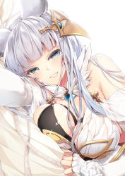 Rule 34 | 1girl, 218, animal ears, asymmetrical clothes, bare shoulders, blue eyes, blunt bangs, blush, breasts, cleavage, dress, elbow gloves, erune, fingerless gloves, gloves, granblue fantasy, hair ornament, korwa, large breasts, long hair, looking at viewer, lying, on side, parted lips, silver hair, simple background, skindentation, smile, solo, tape measure, white background