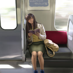 Rule 34 | 1girl, absurdres, backpack, bag, beige jacket, blue legwear, book, brown eyes, brown hair, chair, green skirt, highres, holding, holding book, leaning to the side, long hair, looking at viewer, open book, original, reading, shirt, skirt, solo, tokoyama, train, yellow shirt