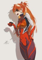 Rule 34 | 1girl, annoyed, blue eyes, bodysuit, breasts, commentary, evangelion: 3.0 you can (not) redo, eyepatch, fadingz, hair ornament, hand on own hip, highres, long hair, medium breasts, neon genesis evangelion, open mouth, orange hair, pilot suit, plugsuit, rebuild of evangelion, red bodysuit, simple background, solo, souryuu asuka langley, standing, twintails