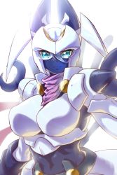 Rule 34 | 1girl, armor, blue eyes, blue hair, breasts, colored skin, dianamon, digimon, female focus, gerusyu, hair between eyes, highres, large breasts, mask, mouth mask, rabbit, skin tight, solo, white skin