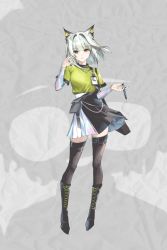 Rule 34 | 1girl, alternate costume, animal ears, animated, animated gif, arknights, black footwear, black skirt, black thighhighs, blinking, boots, cat ears, cross-laced footwear, full body, green eyes, green shirt, grey background, hair intakes, hamilundenongdizhe, hand up, holding, holding syringe, kal&#039;tsit (arknights), knee boots, lace-up boots, live2d, long sleeves, looking at viewer, shirt, short hair, skirt, solo, standing, syringe, thighhighs, two-tone skirt, white hair, white skirt