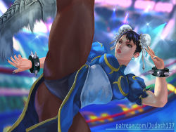 Rule 34 | 1girl, armpits, black hair, bracelet, breasts, brown legwear, bun cover, capcom, china dress, chinese clothes, chun-li, collarbone, colored skin, double bun, dress, earrings, fantasy, fighting stance, jewelry, judash137, kicking, large breasts, long hair, looking at viewer, open mouth, parted lips, pelvic curtain, puffy sleeves, sash, short hair, side slit, solo, spiked bracelet, spikes, street fighter, thick thighs, thighs, toned, upskirt, white skin