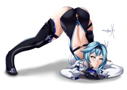 Rule 34 | 1girl, angry, aqua hair, ass, blush, boots, breasts, embarrassed, eula (genshin impact), genshin impact, gloves, hairband, highres, jack-o&#039; challenge, large breasts, leotard, looking at viewer, medium hair, shiny clothes, shiny skin, solo, sonicheroxd, top-down bottom-up, yellow eyes