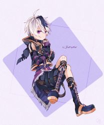 Rule 34 | 1girl, androgynous, arm warmers, asymmetrical sleeves, boots, character name, commentary, cross-laced footwear, crossed legs, fingerless gloves, flower (vocaloid), flower (vocaloid4), full body, fur-trimmed kilt, gloves, highres, hood, hooded jacket, jacket, knee boots, kneehighs, lace-up boots, lom 66, looking at viewer, looking to the side, multicolored hair, nail polish, purple background, purple eyes, purple footwear, purple gloves, purple hair, purple jacket, purple nails, purple shirt, purple shorts, shirt, shorts, signature, sitting, sleeveless, sleeveless jacket, sleeveless shirt, socks, solo, streaked hair, striped sleeves, torn clothes, torn shirt, two-tone hair, uneven sleeves, vocaloid, white hair