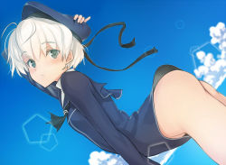 Rule 34 | 10s, 1boy, androgynous, arched back, ass, bad id, bad pixiv id, bottomless, cloud, coin rand, day, from side, genderswap, genderswap (ftm), green eyes, hand on own head, hat, holding, holding clothes, holding hat, kantai collection, looking at viewer, male focus, open mouth, ribbon, sailor collar, sailor hat, short hair, solo, trap, white hair, z1 leberecht maass (kancolle)