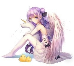 Rule 34 | &gt; &lt;, 1girl, angel wings, azur lane, bad id, bad pixiv id, bare shoulders, bird, black bow, black ribbon, blush, blush stickers, bow, chick, closed eyes, commentary request, covered mouth, dress, feathered wings, from side, hair between eyes, hair bun, hair ribbon, highres, long hair, looking at viewer, looking to the side, neiless neiro, no shoes, hugging object, one side up, pantyhose, purple eyes, purple hair, ribbon, side bun, sidelocks, single hair bun, single side bun, sitting, solo, stuffed animal, stuffed pegasus, stuffed toy, stuffed unicorn, stuffed winged unicorn, unicorn (azur lane), very long hair, white background, white dress, white pantyhose, white wings, wings