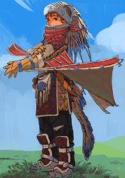 Rule 34 | 1boy, absurdres, armor, bandana, blue sky, brown eyes, brown gloves, brown hair, cloud, fake tail, fake wings, feathers, gloves, grass, helmet, highres, male focus, original, outdoors, patch, red bandana, scratches, sky, solo, standing, stitches, tail, turquoise iro, wings
