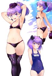 Rule 34 | 1girl, absurdres, armpits, arms behind head, arms up, ass, back, bare shoulders, bikini, black bikini, blue one-piece swimsuit, blush, breasts, closed mouth, collarbone, fate/grand order, fate (series), garrison cap, hat, helena blavatsky (fate), helena blavatsky (swimsuit archer) (fate), helena blavatsky (swimsuit archer) (first ascension) (fate), helena blavatsky (swimsuit archer) (third ascension) (fate), highres, looking at viewer, looking back, multiple views, navel, one-piece swimsuit, open mouth, pechimaru, ponytail, purple eyes, purple hair, school swimsuit, small breasts, smile, swimsuit, thighhighs, thighs