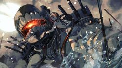 Rule 34 | 1girl, absurdres, abyssal ship, ass, backless dress, backless outfit, battleship princess, black dress, black hair, breasts, cannon, cloud, cloudy sky, dress, from behind, fujita (condor), glowing, glowing eyes, hair between eyes, highres, horns, kantai collection, large breasts, long hair, looking at viewer, looking back, orange eyes, outdoors, overcast, pale skin, rigging, short dress, sidelocks, skin-covered horns, sky, splashing, standing, standing on liquid, thigh strap, turret, very long hair