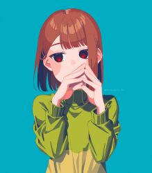 1other absurdres ake_blood aqua_background bob_cut brown_hair chara_(undertale) commentary_request covered_mouth green_sweater hair_behind_ear hands_up highres long_sleeves looking_to_the_side other_focus own_hands_together puffy_long_sleeves puffy_sleeves red_eyes short_hair simple_background solo sweater turtleneck turtleneck_sweater twitter_username two-tone_sweater undertale upper_body yellow_sweater