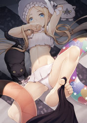 Rule 34 | 1girl, abigail williams (fate), abigail williams (swimsuit foreigner) (fate), arm behind head, arm up, armpits, bad id, bad pixiv id, bare shoulders, bikini, black cat, blonde hair, blue eyes, bonnet, bow, breasts, cat, fate/grand order, fate (series), feet, forehead, hair bow, innertube, kyoeiki, legs, long hair, lying, miniskirt, navel, on back, parted bangs, sidelocks, skirt, small breasts, soles, solo, swim ring, swimsuit, toes, twintails, very long hair, white bikini, white bow, white headwear