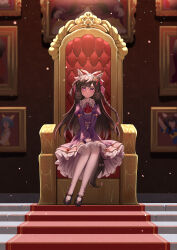 Rule 34 | 1girl, absurdres, ailu elf, animal ears, ascot, black hair, blurry, blurry background, bow, braid, closed mouth, commentary request, daiichi ruby (umamusume), daitaku helios (umamusume), drawing (object), dress, drill hair, ear ornament, flower, full body, gothic lolita, hair bow, hair flower, hair ornament, hands on own thighs, highres, horse ears, horse girl, horse tail, juliet sleeves, k.s.miracle (umamusume), light blush, lolita fashion, long hair, long sleeves, looking at viewer, mary janes, pantyhose, picture frame, puffy sleeves, purple dress, purple eyes, red ascot, shoes, side braids, sidelocks, sitting, solo, tail, throne, throne room, twin braids, twin drills, umamusume, v arms, white pantyhose