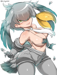 Rule 34 | 10s, 1girl, areola slip, bare shoulders, bikini, bikini top only, breasts, covered erect nipples, cowboy shot, feathers, fingerless gloves, gloves, green eyes, grey hair, grey pantyhose, grey shirt, grey shorts, grin, hair over eyes, haku hakujou daimaou, head wings, highres, kemono friends, large breasts, looking at viewer, micro bikini, micro bikini top, necktie, open clothes, pantyhose, shiny skin, shirt, shoebill (kemono friends), short hair, shorts, signature, simple background, smile, solo, swimsuit, undressing, white necktie, wings